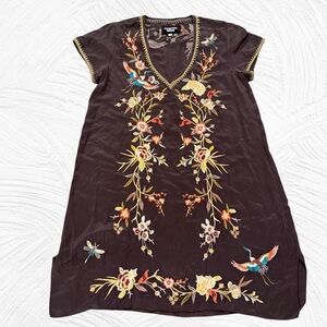 Johnny Was Silk Small Dress Brown Floral Embroidered Cap Sleeve Boho Crane